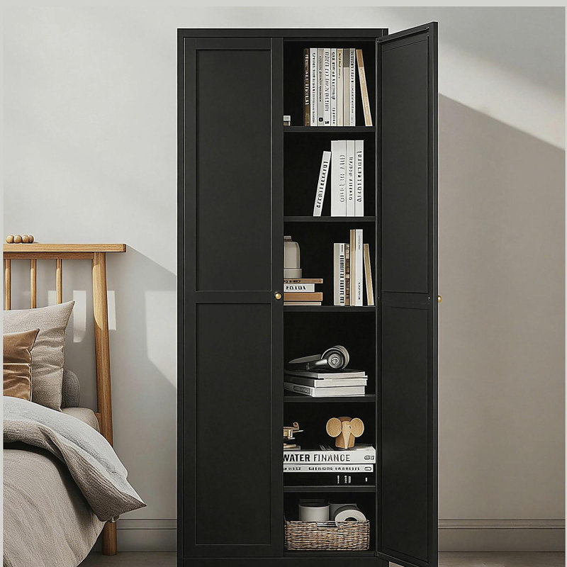 Armoire de cuisine 72 po en métal avec portes, organisateur de rangement autoportant robuste avec 5 tablettes réglables, Noir