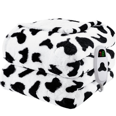 Heating Electric Cow Print Throw Blanket With Cozy Fleece Sherpa Back