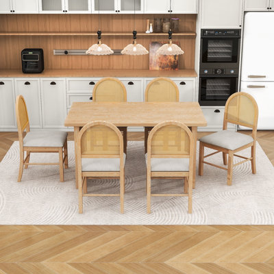 7-Piece Farmhouse Dining Set with Distressed Oak Tabletop and Rattan-Backed Chairs