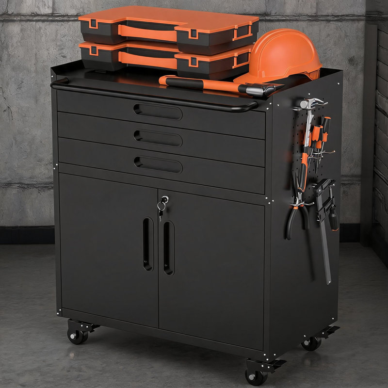 Armoire de rangement robuste pour outils en métal avec portes verrouillables, trois tiroirs, établi multifonctionnel pour la maison, le garage ou le studio.