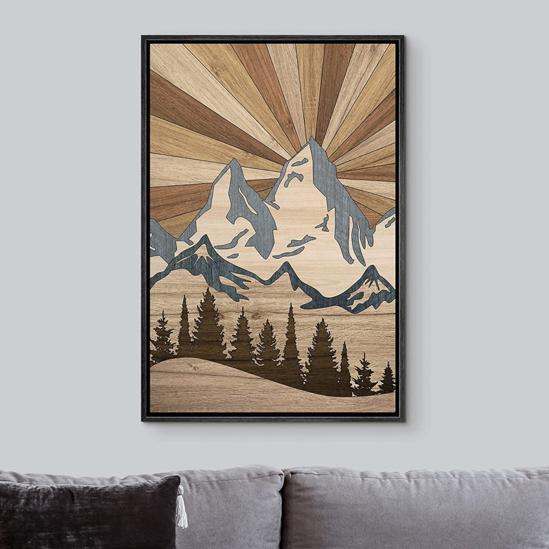 «Western Wood Effect Landscape Winter Snowy Mountain Forest Nature», impression sur toile à cadre flottant, Noir