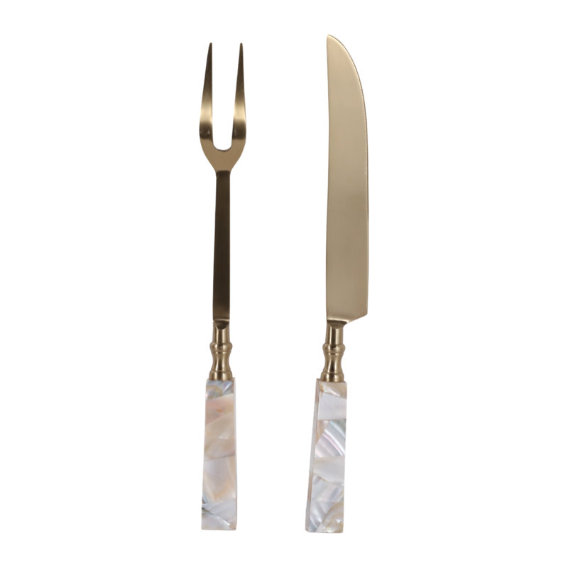 Ensemble d'ustensiles de sculpture moderne en nacre et acier dans une boîte pour table à manger - Service de cuisine pour le divertissement et la restauration - ensemble de 2, blanc et or