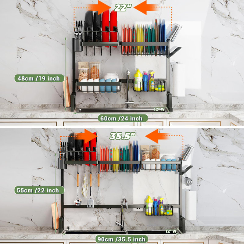 Over The Sink Drying Rack (Expandable Dimension) Snap-On Design 2 Tier Large Dish Rack Kitchen Count Organization and Storage