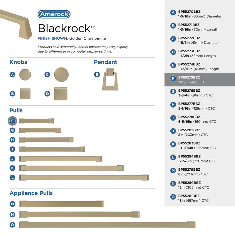 Poignée barre Amerock Blackrock, 3", Champagne doré