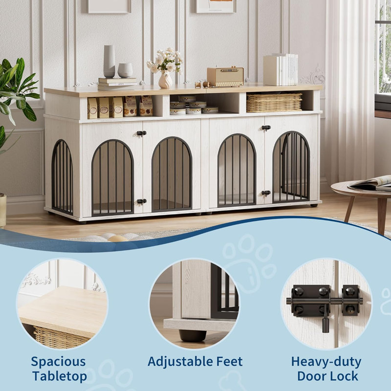 Meuble double cage pour chien de 71 po pour 2 chiens de taille moyenne, Blanc / Brun