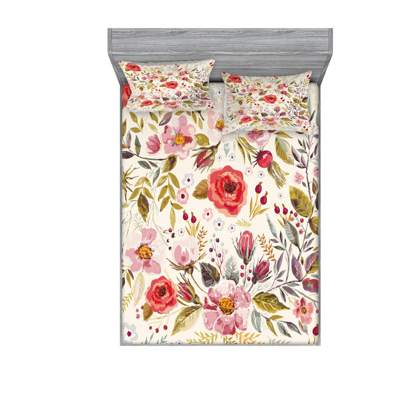 Microfiber Floral Sheet Set, Queen Sheet Set with Fitted Sheet