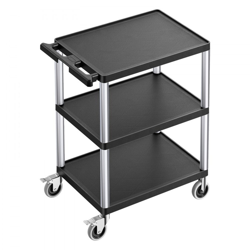 Chariot utilitaire, capacité de charge de 136 kg, chariot de service de 70 x 46 cm, chariot utilitaire robuste en plastique à trois étagères avec roues pivotantes à 360° (dont 2 avec freins), garage, nettoyage, convient pour entrepôt