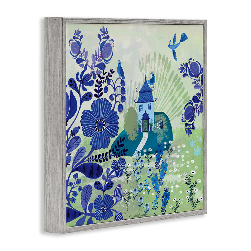 Giclée encadrée de jardin bleu fantaisiste, design par Kay Widdowson, H 17 po x l 17 po, Estampe numérique Farmhouse