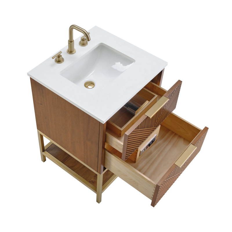 Ensemble de meuble-lavabo 24 po Diamond, Quartz blanc, Noyer, Laiton satiné