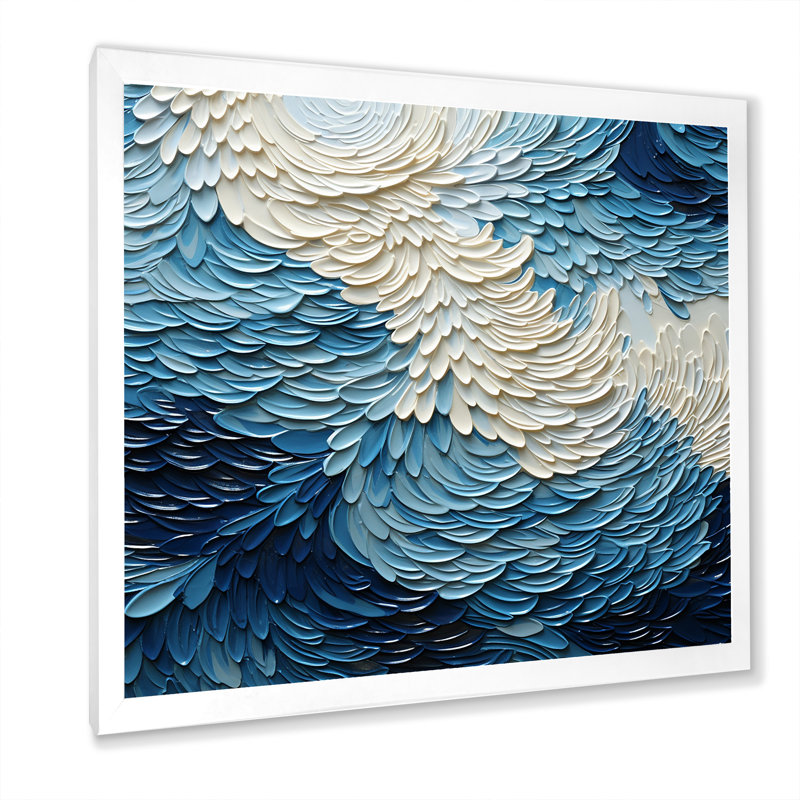 Bleu et blanc, vagues modernes de la côte III - art minimaliste côtier, H 36 po x l 36 po x P 1,5 po, Cadre simple blanc