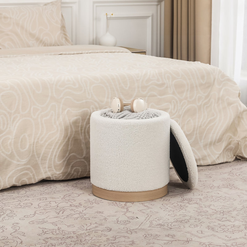 16.9'' H Teddy Fleece Upholsteed Storage Pouf, Light Wood