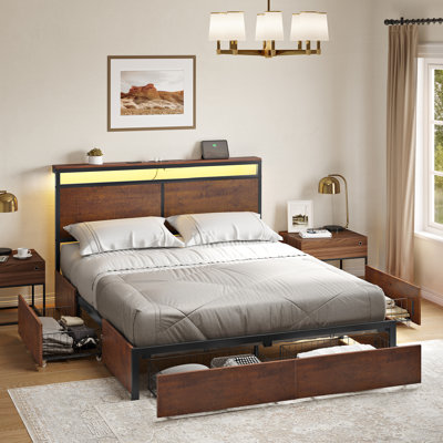 Modern King Bed with 4 Drawers and Open Storage Headboard, Adjustable LED Light and Charging Station, No Box Spring Needed