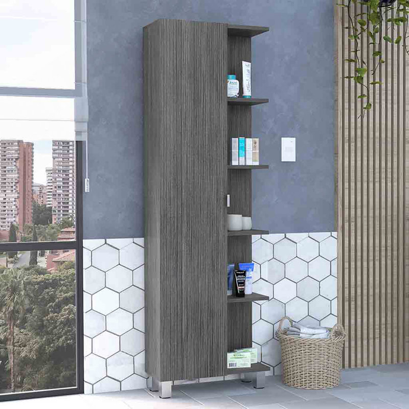 Mirror Linen Cabinet, Four Interior  Shelves, Five External Shelves -Smokey Oak, Gray