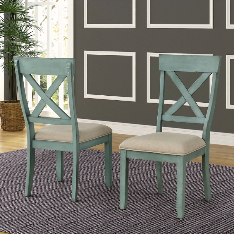 Wood Cross Back Upholstered Dining Chairs, Set Of 2