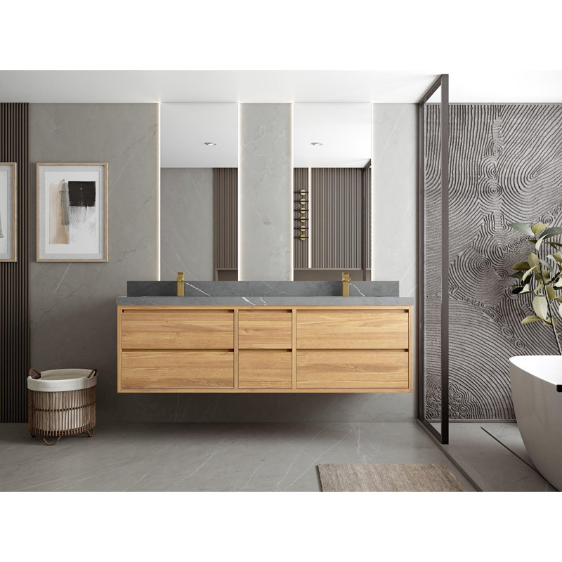 Meuble-lavabo double flottant en teck Madison, Gris Piatra