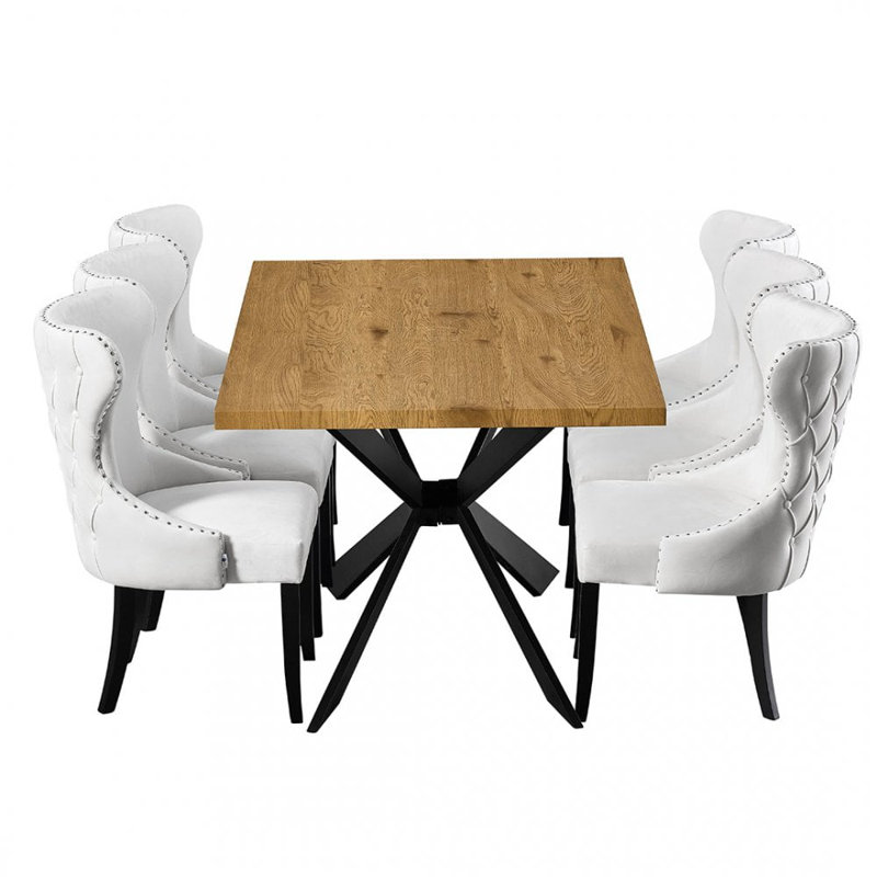 Devries 6 Person Dining set - a Rectangular Wooden Dining Table with Metal Legs and a Set of 6 Quilted Velvet Dining Chairs for Dining Room - Modern Dining Table Set