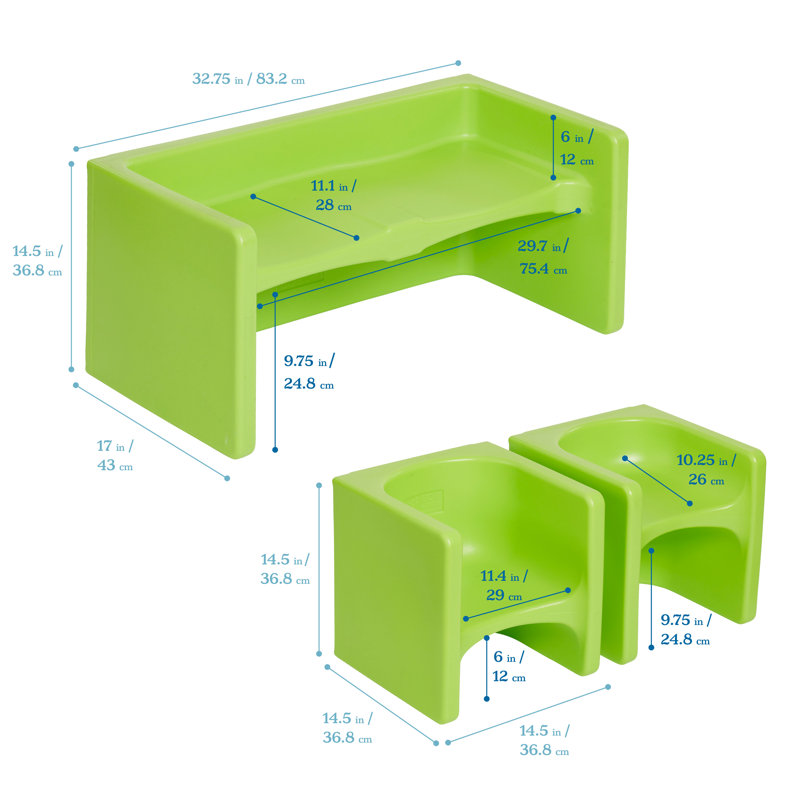ECR4Kids Tri-Me Table and Cube Chair Set, Multipurpose Furniture, 3-Piece, Lime