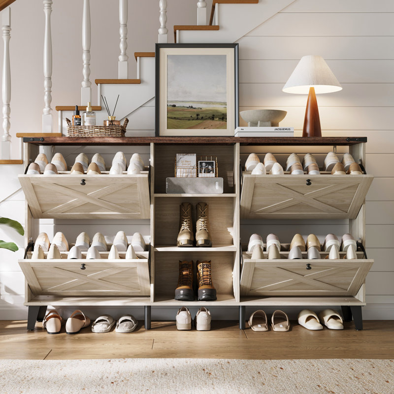 63"W Modern Entryway Shoe Storage Cabinet With Adjustable Shelves And Metal Legs Farmhouse Shoe Rack, White Wood
