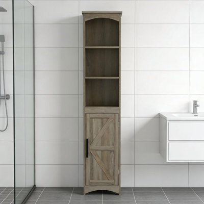 Grande armoire de rangement pour salle de bain, armoire de rangement pour salle de bain étroite avec tiroir encastré et porte de grange Farmhouse