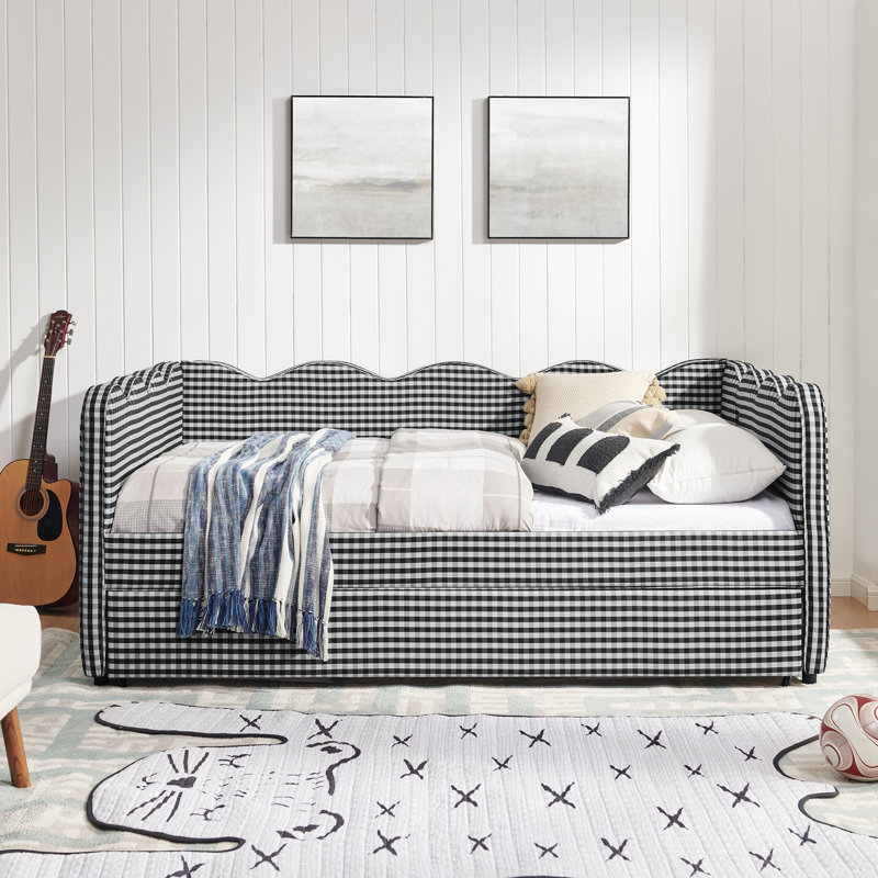 Lit de jour double en vichy double avec couchette simple sans sommier, avec port USB et adorable tissu en forme de vague