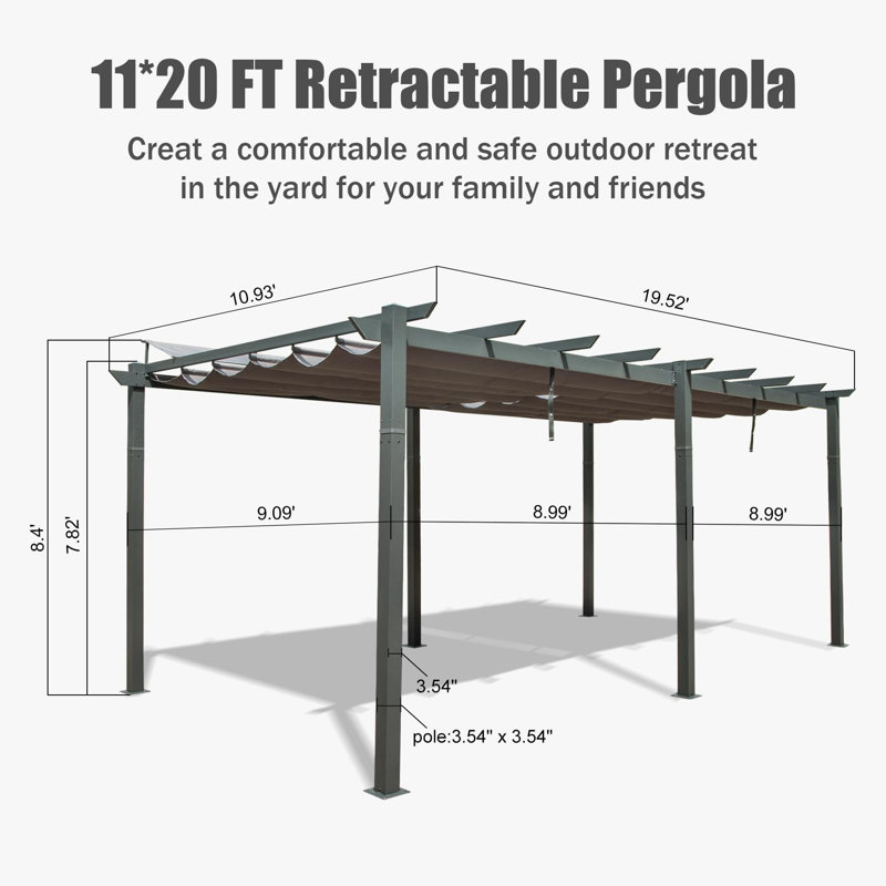 William 11x20 FT Outdoor Aluminum Pergola with Retractable Canopy
