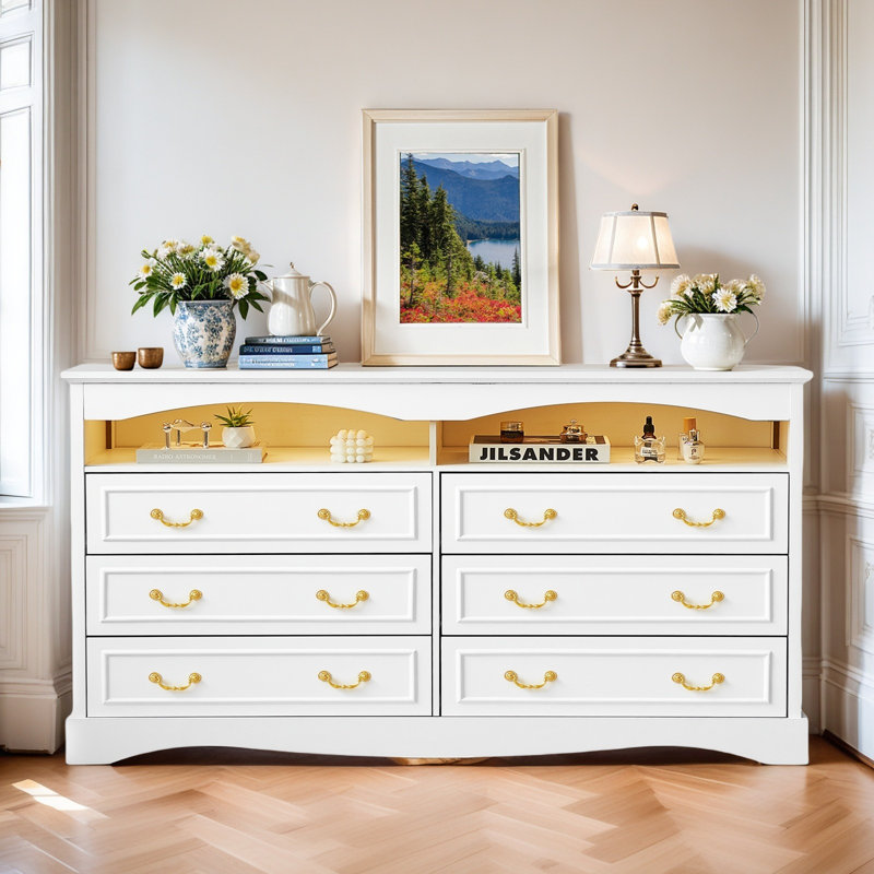 Commode à 6 tiroirs de 55,12 po de largeur, commode double large avec éclairage, commode de rangement en bois de style campagnard rétro, commode de style campagne française pour chambre à coucher, meuble télé pour salon