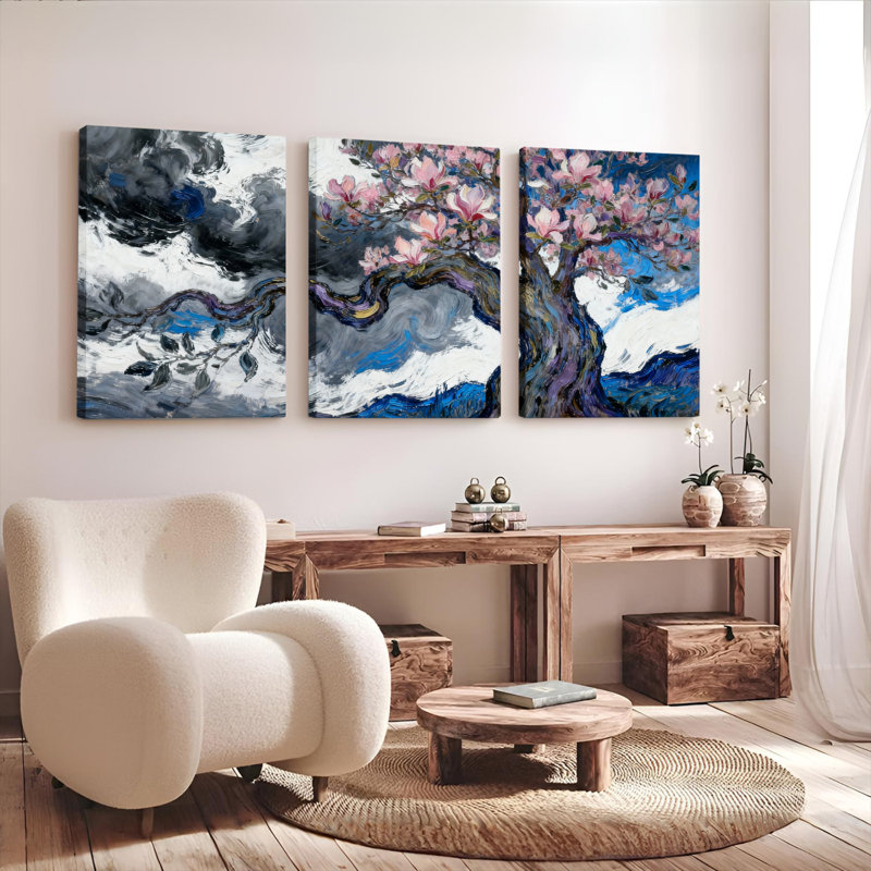 Ensemble de 3 tableaux sur toile représentant un cerisier en fleurs et un ciel spectaculaire, H 30 po x l 60 po