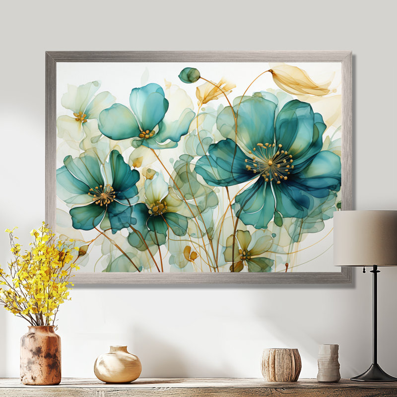 «Teal Green Organic croissance - Abstract Botanicals», art mural, H 24 po x l 32 po x P 1 po, Cadre simple argenté