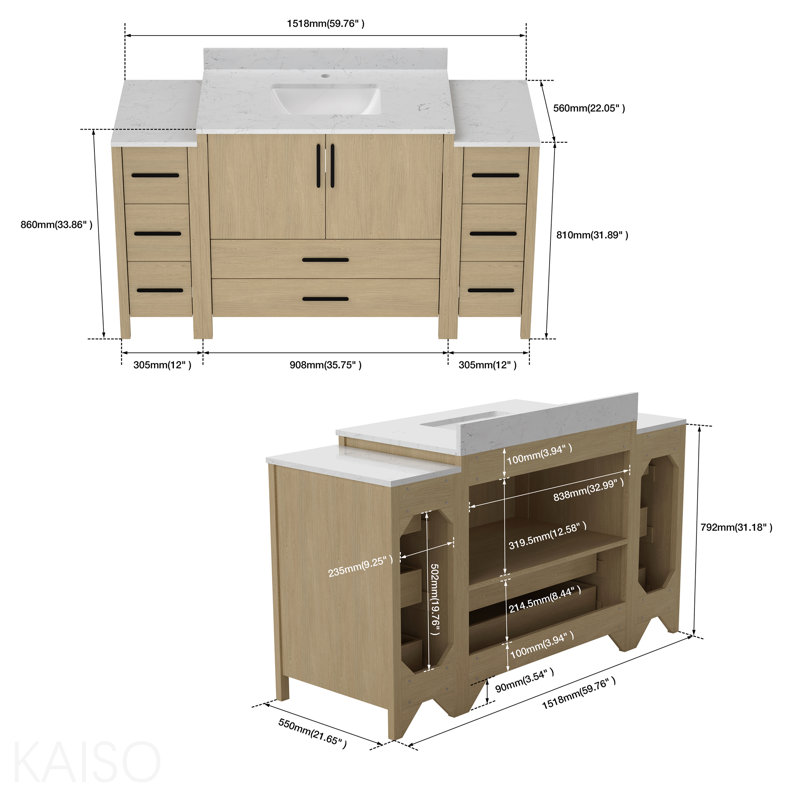 Meuble-lavabo simple 60 po x P 22 po x H 34 po, meuble-lavabo avec comptoir blanc Freestangding