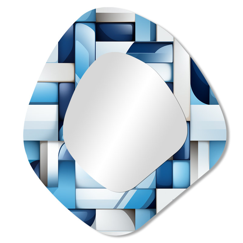 White And Blue Geometric Blocks Harmony II - Geometric Modern Asymmetrical Decorative Wall Mirror, 28" x 25"