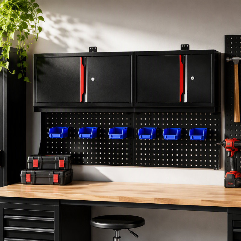 Wall-Mounted Double-Door Cabinet With Tool Rack, Hanging Basket Hook, Storage Shelf, Hanging Wall Stainless Steel Hole Plate-Black&Red