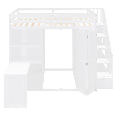 Lit mezzanine avec escalier, bureau, bibliothèque et vestiaire de rangement intégré