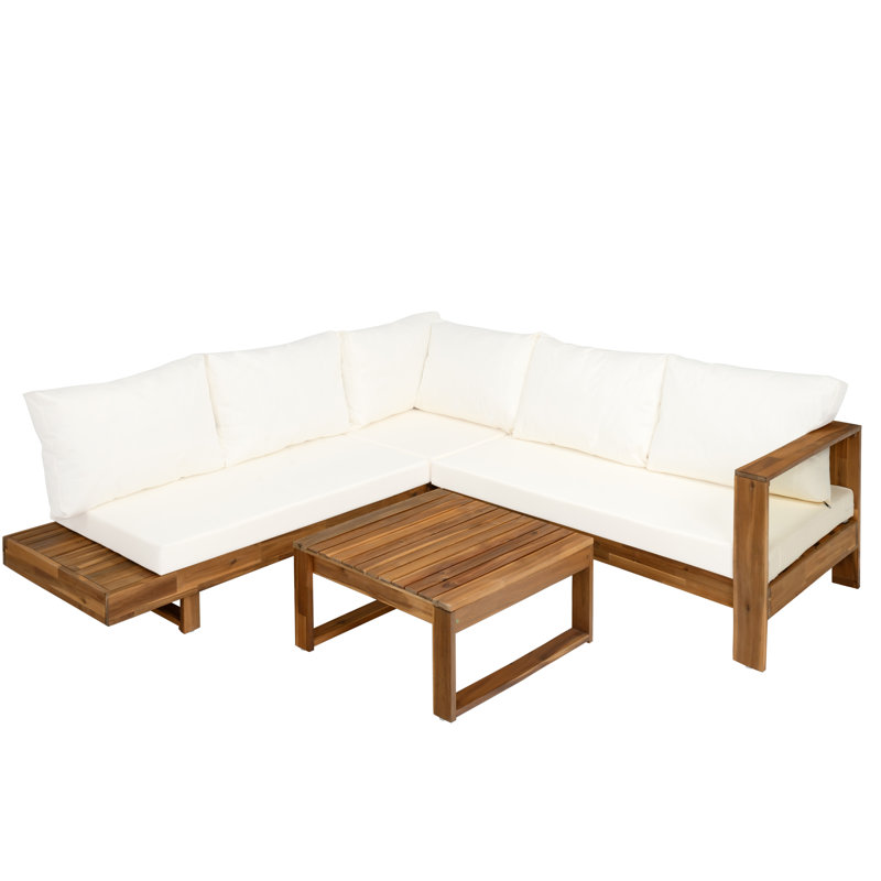 Clayton Outdoor 4-Piece Acacia Wood Sectional Patio Sofa Set With Cushions