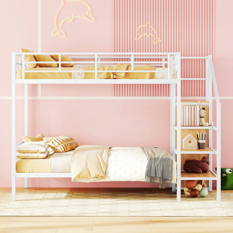 Lit superposé en métal avec échelle de rangement latérale et garde-robe, cadre de lit, Blanc, Double