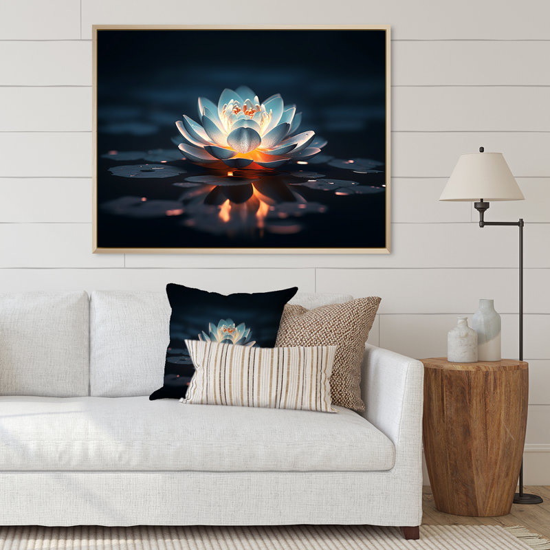 «Blossoming Wild White Lotus In Full Moon Pond», reproduction sur toile, H 30 po x l 40 po x P 1,5 po, Cadre flottant brun