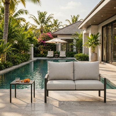 Ensemble de patio en métal 2 pièces, ensemble de mobilier de jardin extérieur, causeuse avec coussins en oléfine, table d'appoint