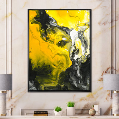Jaune, jaune, noir et blanc, art liquide III - peinture sur toile