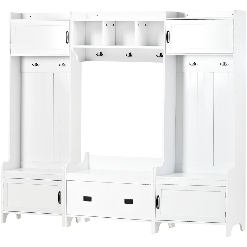 Portemanteau blanc, banc d'entrée avec tiroir, 4 armoires, banc de rangement, 7 crochets, blanc