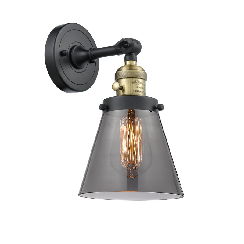 Applique murale 1 lumière Cone, Ampoule incandescente rétro 60 watts, Fumé, Laiton antique noir