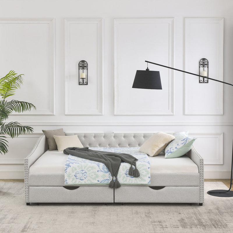 Lit de jour grand beige avec rangement, dossier et accoudoirs ondulés beige, Beige, Grand lit