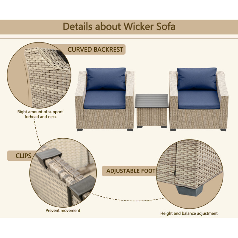 Raian Wicker 2 - Person Patio Conversation Sets with Cushions, White, Blue
