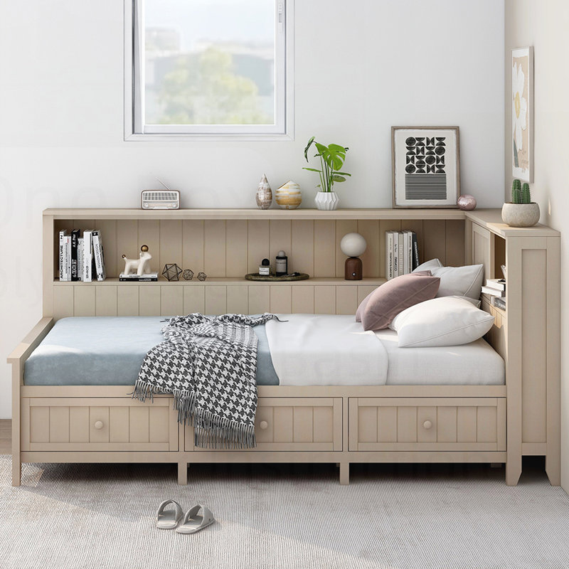 Solid Pine Wood Daybed with Storage Shelves and 3 Drawers, Farmhouse Style for Durable and Organized Living., Twin