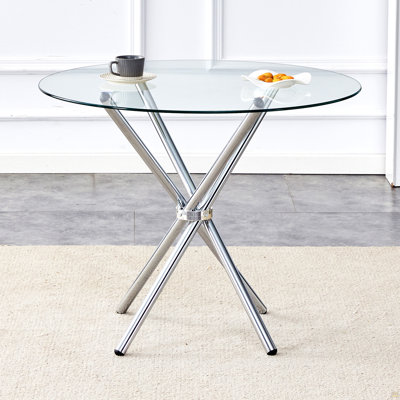 Round Clear Glass Dining Table With A Unique Shape For 4-6 People, With Ring-Shaped Gathered Silver Metal Legs