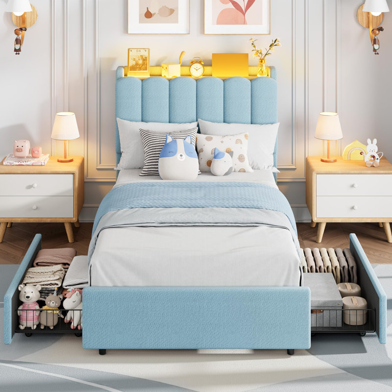 Cadre de lit à DEL avec tête de lit et 2 tiroirs - plateforme rembourrée Boucle, tête de lit bibliothèque ondulée, mobilier moderne pour enfants, aucun sommier nécessaire - simple TG, bleu frais