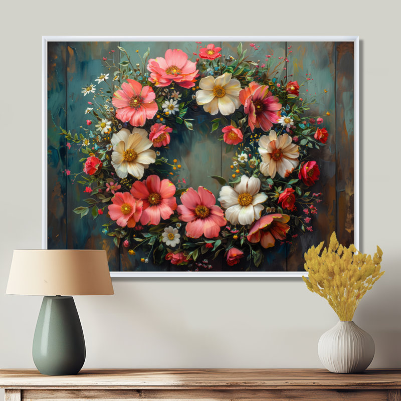 Couronne de fleurs rose et verte - décoration murale couronne, H 30 po x l 40 po, Cadre flottant blanc