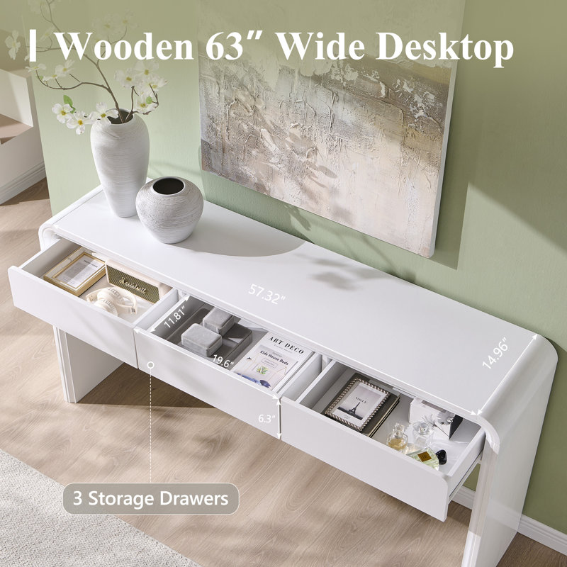 Maud 62.91" Wood Console Table with 3 Storage Drawers, Long Wood Sofa Table w/Curved Profile Design, White