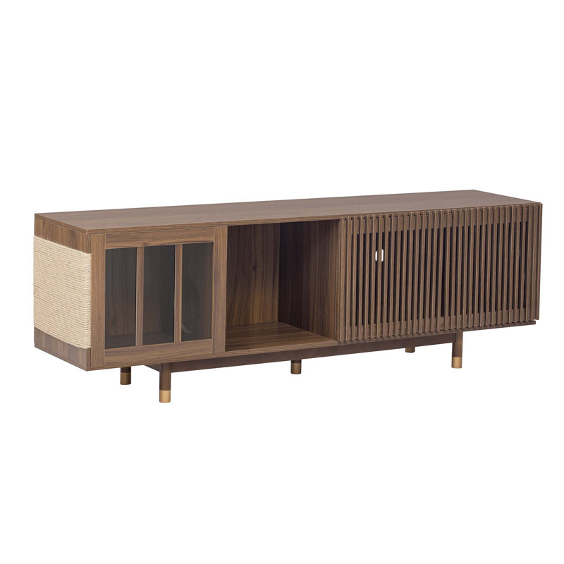 Meuble télé style noyer de style Mid-Century pour chat avec porte coulissante rabattable pour animaux de compagnie