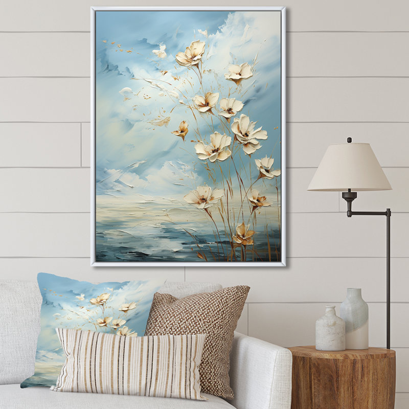 Encre liquide blanche et bleue III - Fleurs, art mural, Cadre flottant blanc, H 32 po x l 24 po