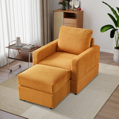 Chaise longue d'appoint à accoudoirs carrés avec repose-pieds en velours côtelé