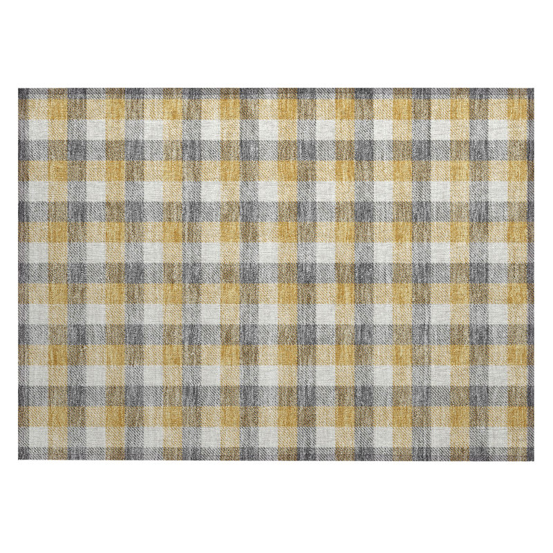 Gray Plaid Machine Washable Synthetic Indoor/Outdoor Rug 1'8" x 2'6"